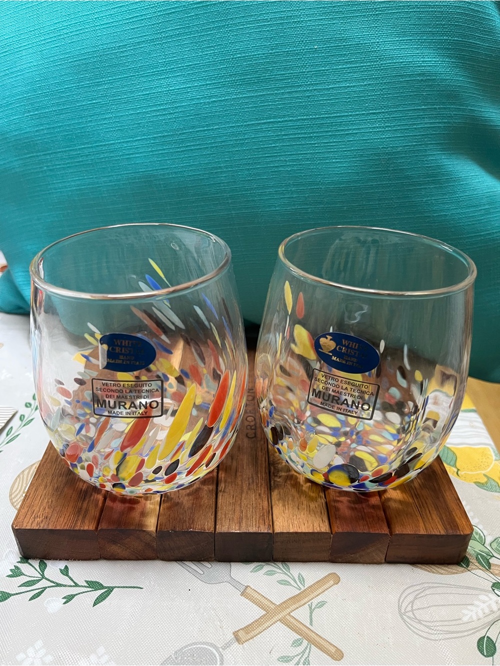 Murano White Crystal Confetti Stemless Wine Glasses Hand Blown Italy New Set / 2